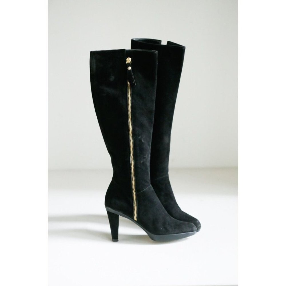 Stuart Weitzman Black Suede Buttery Soft Gold Zipper Detail Knee High Boots 5.5